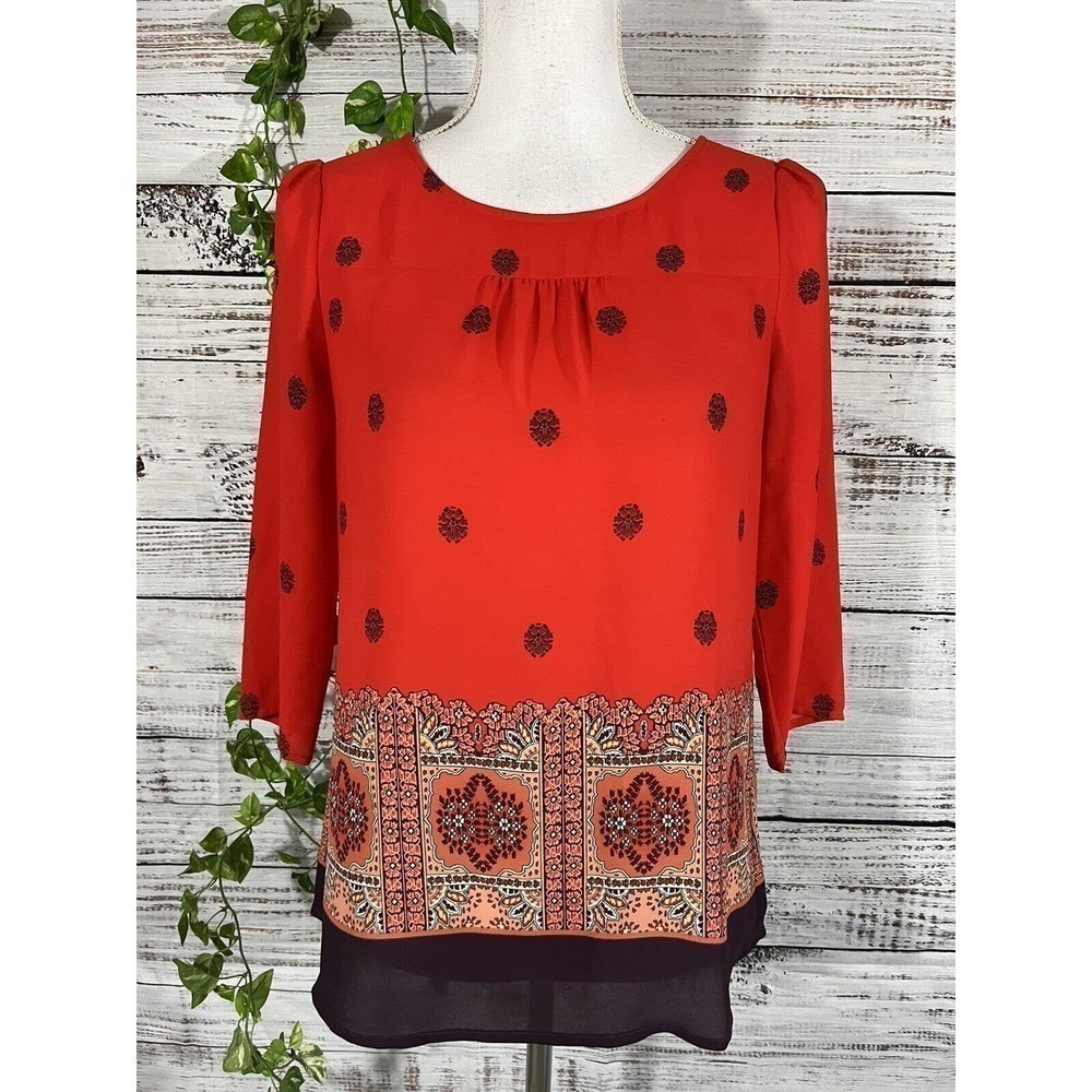 Maeve Anthropologie Blouse size 2 Red Orange Purple Sheer Boho Floral Modest